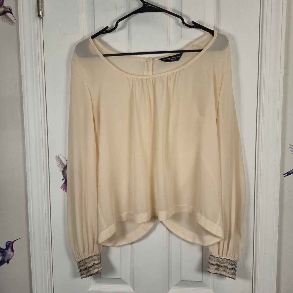 Dorothy Perkins Cream Sheer Chiffon Sequin Top with Lace Cuffs Size S